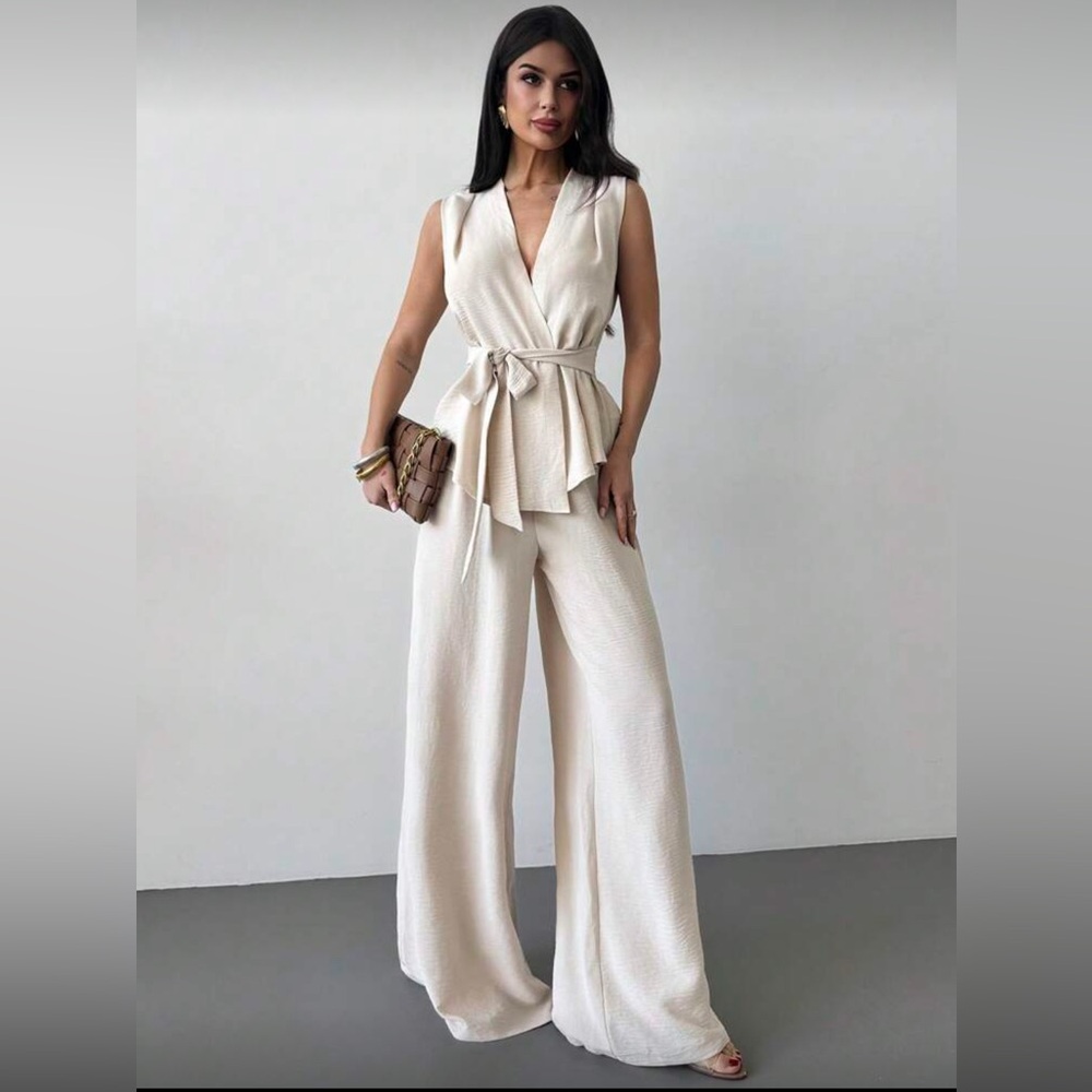 Chic Cream Wide Leg Bottoms and Top Set